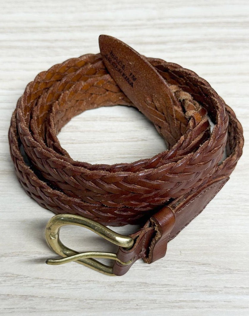 vintage steel sport leather braided brass buckle belt | made in Argentina - good market thrift store