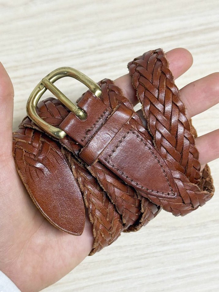 vintage steel sport leather braided brass buckle belt | made in Argentina - good market thrift store