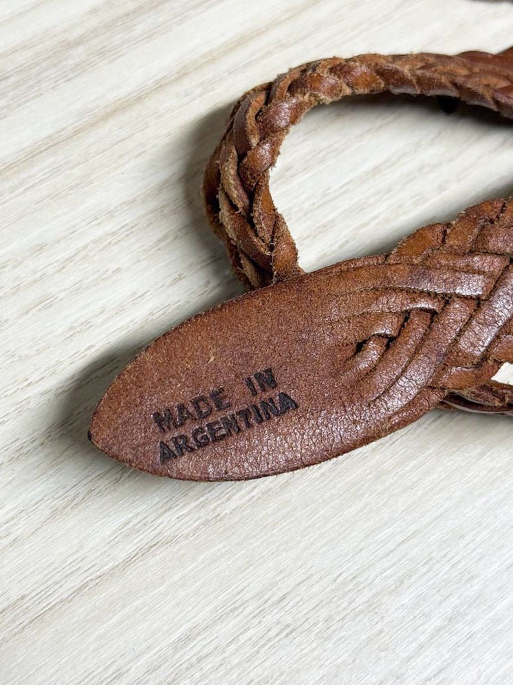 vintage steel sport leather braided brass buckle belt | made in Argentina - good market thrift store