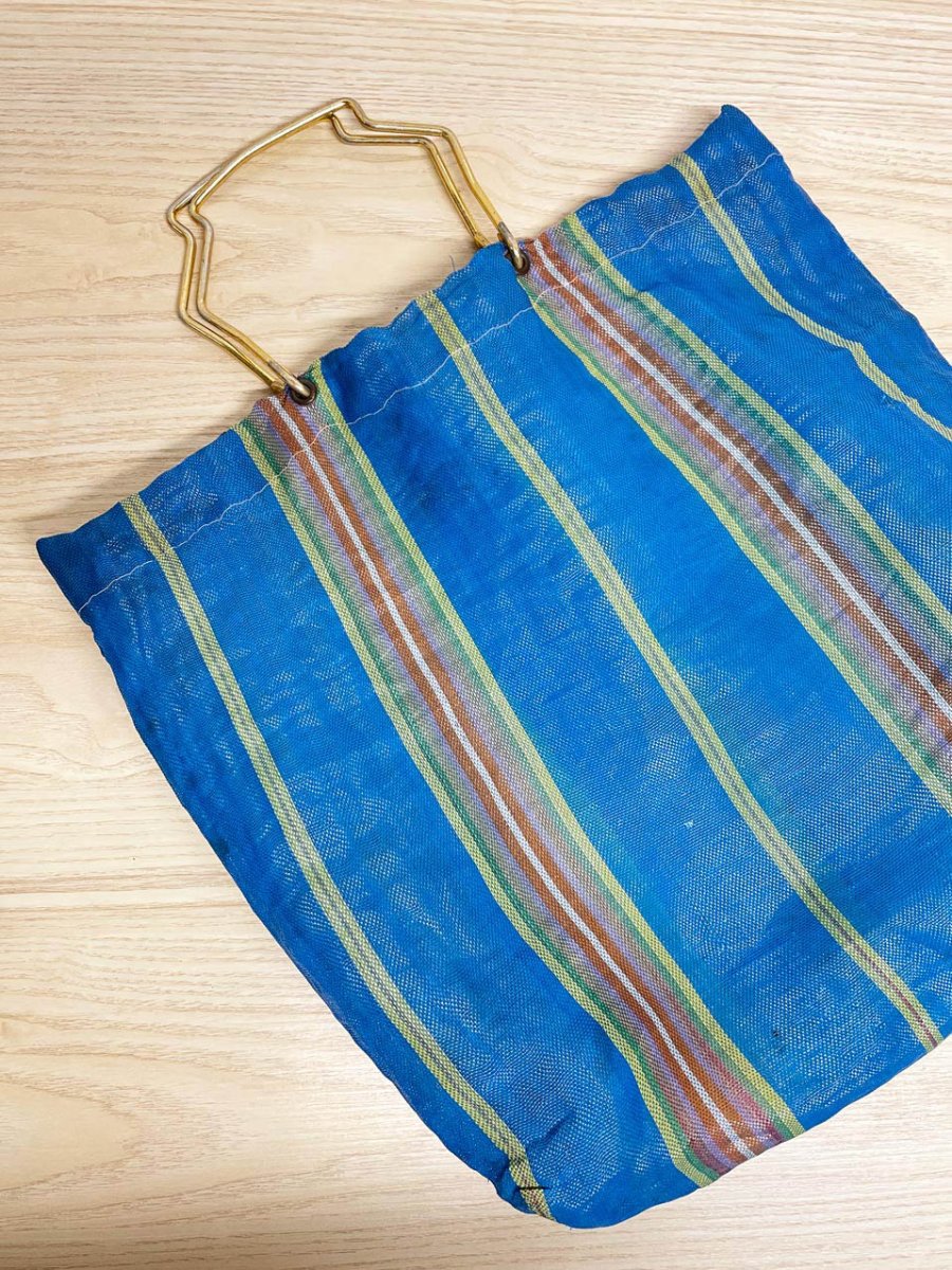 vintage striped beach tote with metal handles - good market thrift store