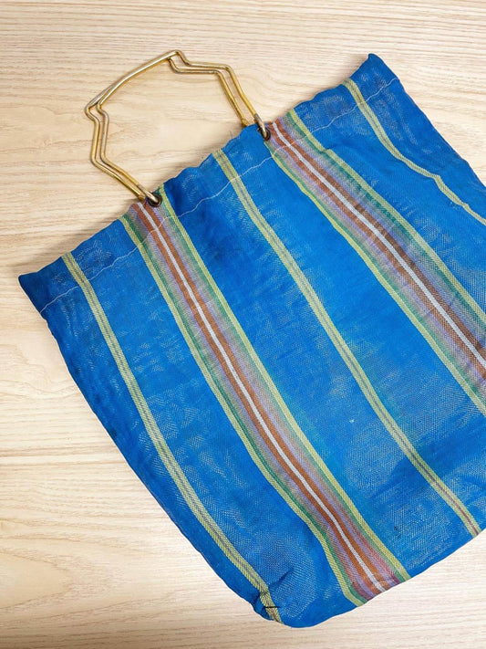 vintage striped beach tote with metal handles - good market thrift store