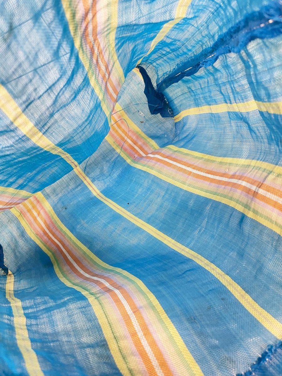 vintage striped beach tote with metal handles - good market thrift store