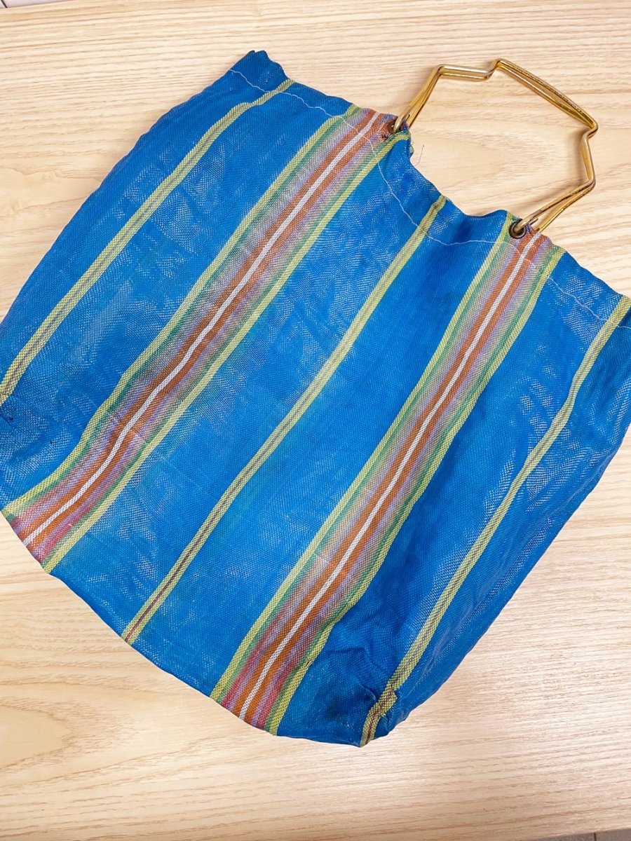 vintage striped beach tote with metal handles - good market thrift store