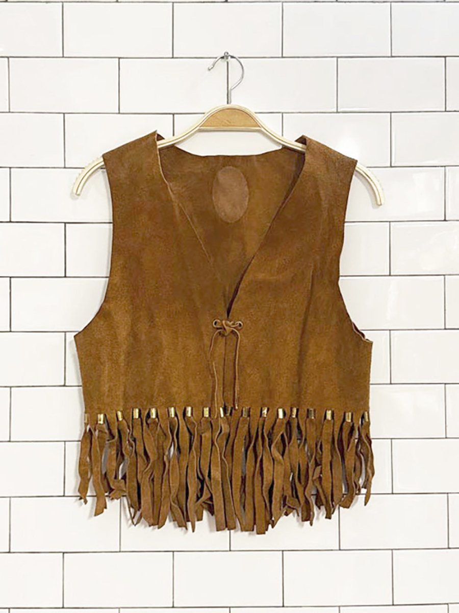 vintage suede fringe tie front western vest | leather - good market thrift store