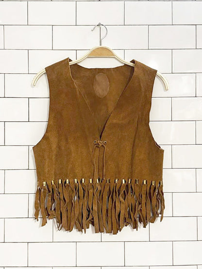 vintage suede fringe tie front western vest | leather - good market thrift store