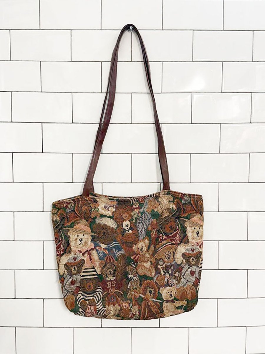 vintage teddy bears woven shoulder tote bag - good market thrift store