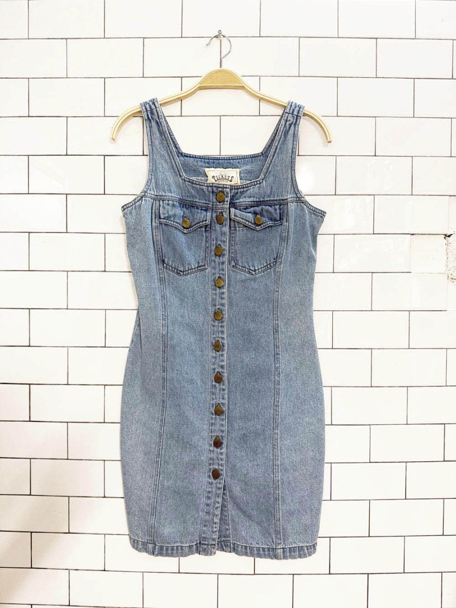 vintage tickets full button denim tank mini dress - good market thrift store