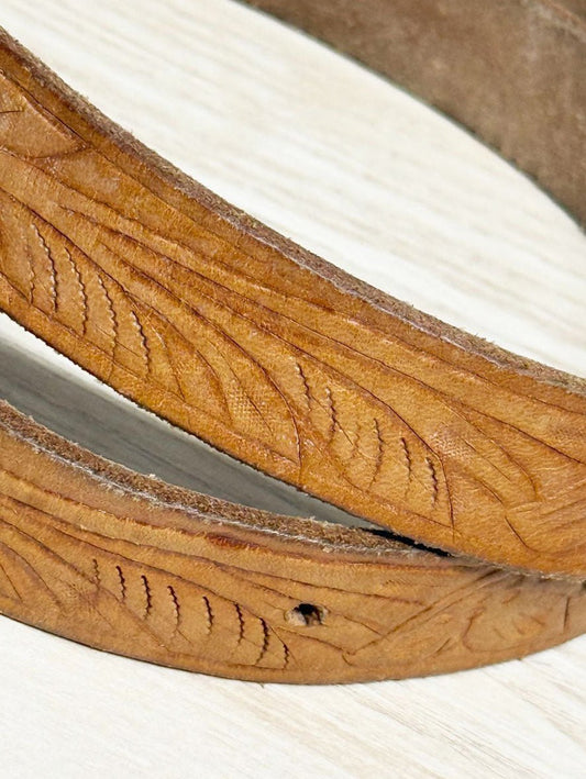 vintage tooled leather belt with buckle | made in USA - good market thrift store