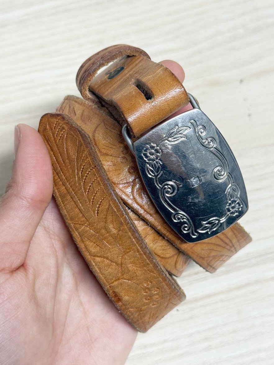 vintage tooled leather belt with buckle | made in USA - good market thrift store