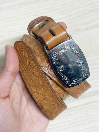 vintage tooled leather belt with buckle | made in USA - good market thrift store