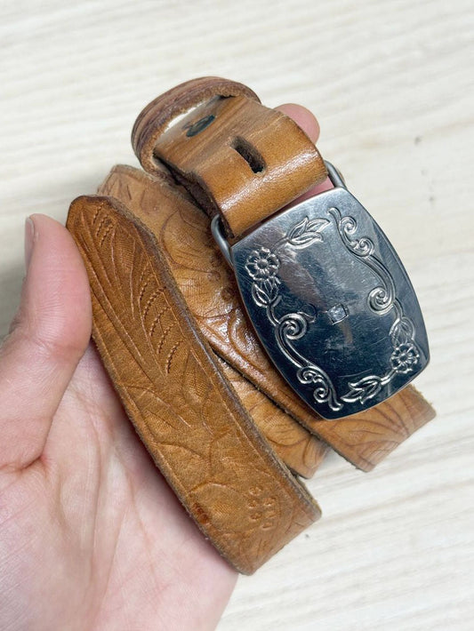 vintage tooled leather belt with buckle | made in USA - good market thrift store