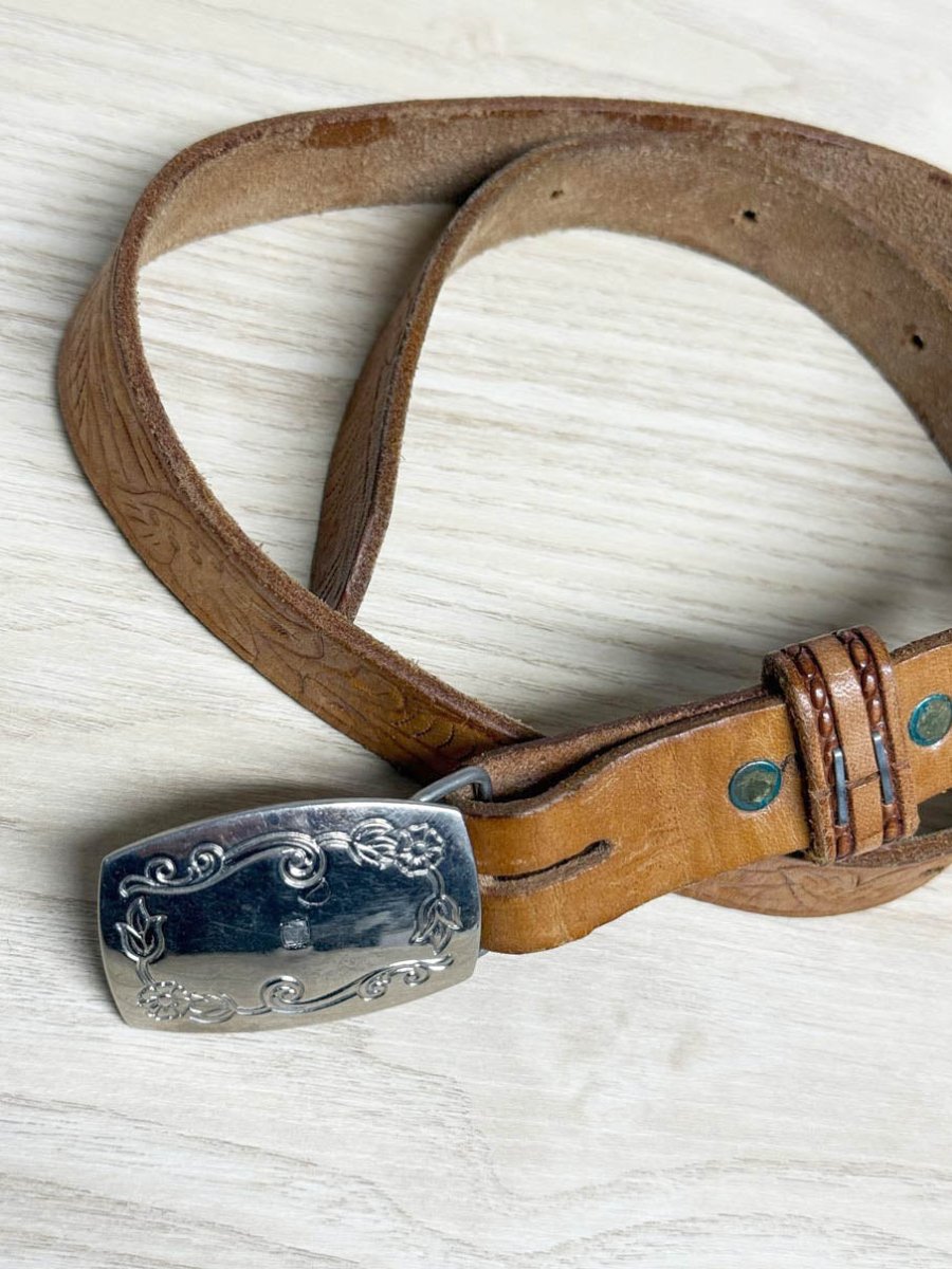 vintage tooled leather belt with buckle | made in USA - good market thrift store