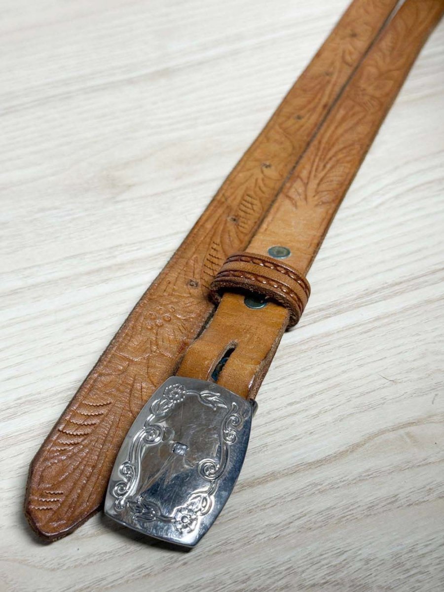 vintage tooled leather belt with buckle | made in USA - good market thrift store