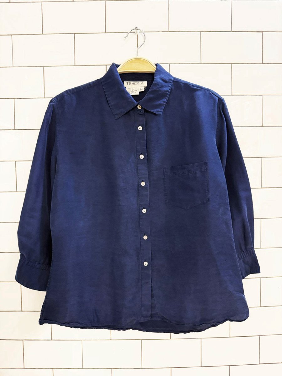 vintage tracy m. 100% silk half sleeve full button blouse - good market thrift store
