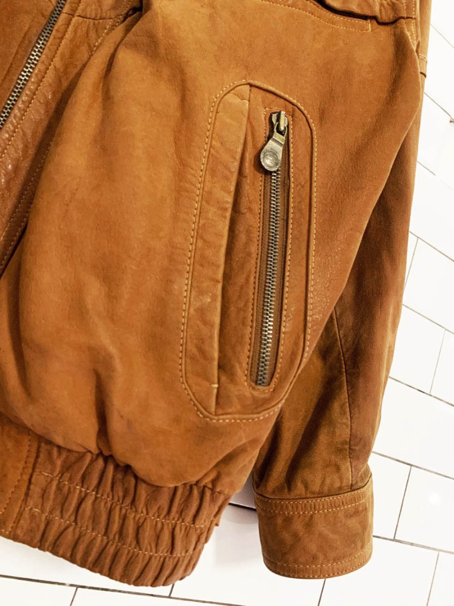 vintage trapper brushed leather two - tone bomber jacket - good market thrift store