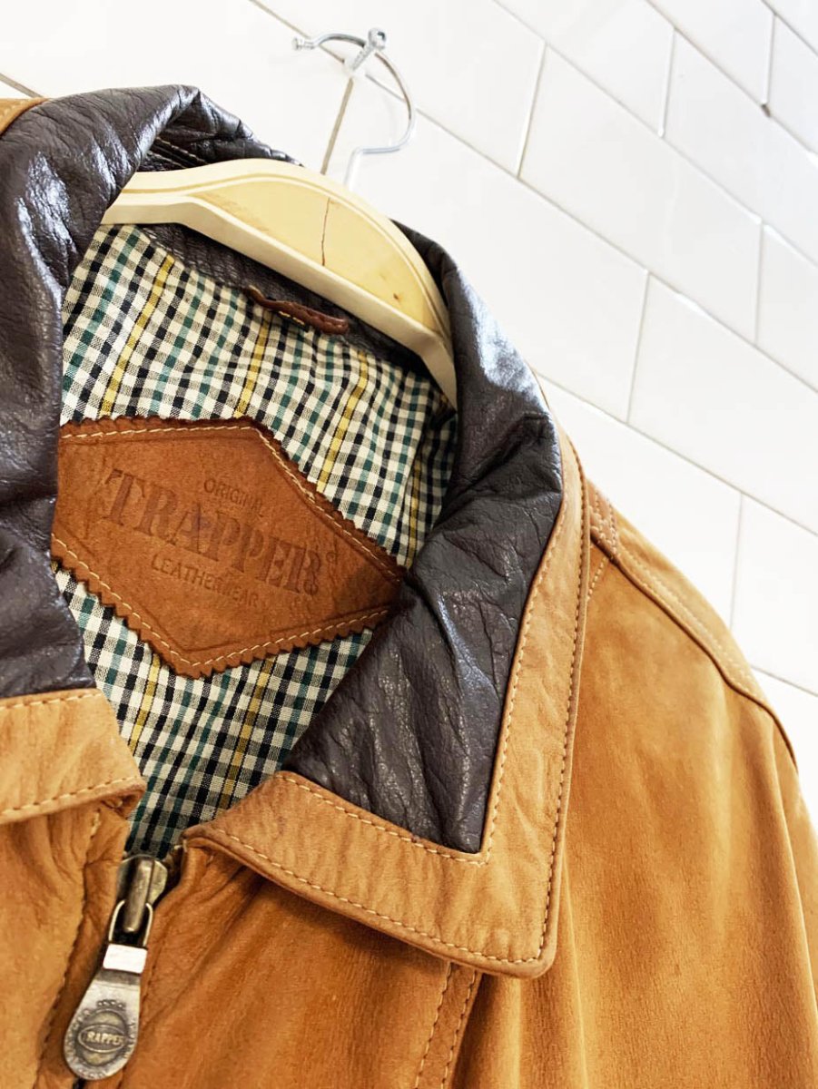 vintage trapper brushed leather two - tone bomber jacket - good market thrift store
