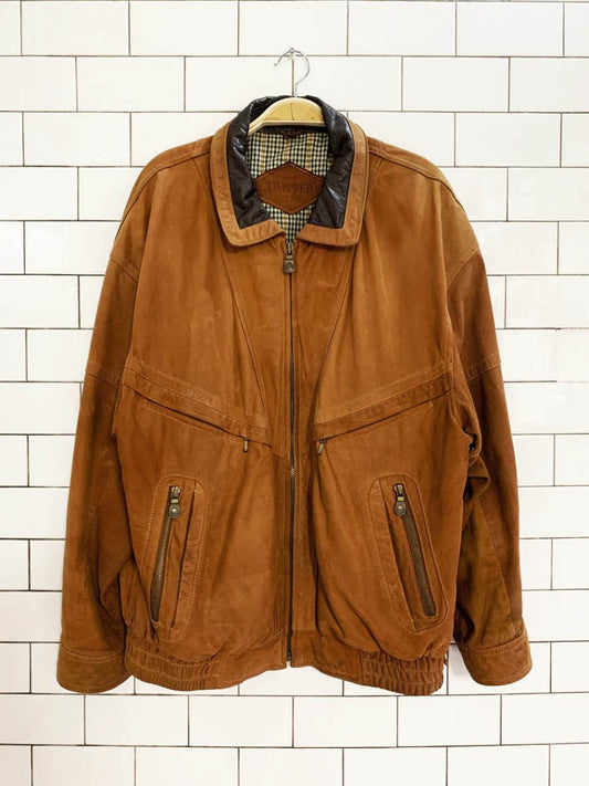 vintage trapper brushed leather two - tone bomber jacket - good market thrift store
