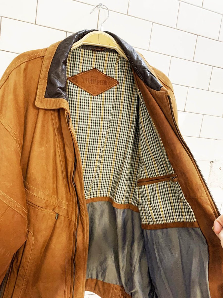 vintage trapper brushed leather two - tone bomber jacket - good market thrift store