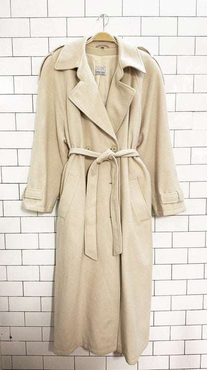 vintage upper east wool - cashmere double breasted belted trench coat | the perfect company - good market thrift store