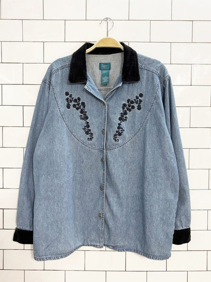 vintage velvet collar embroidered denim shirt | weekend edition - good market thrift store
