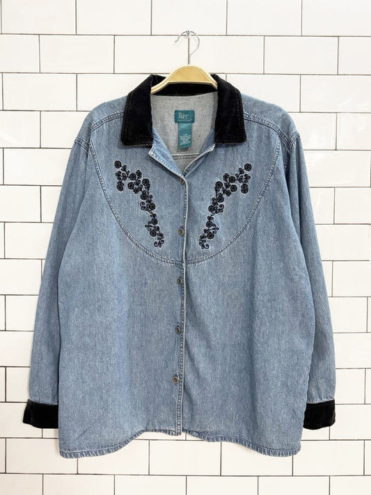 vintage velvet collar embroidered denim shirt | weekend edition - good market thrift store