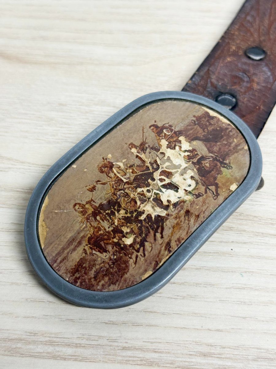 vintage western buckle tooled leather belt - good market thrift store