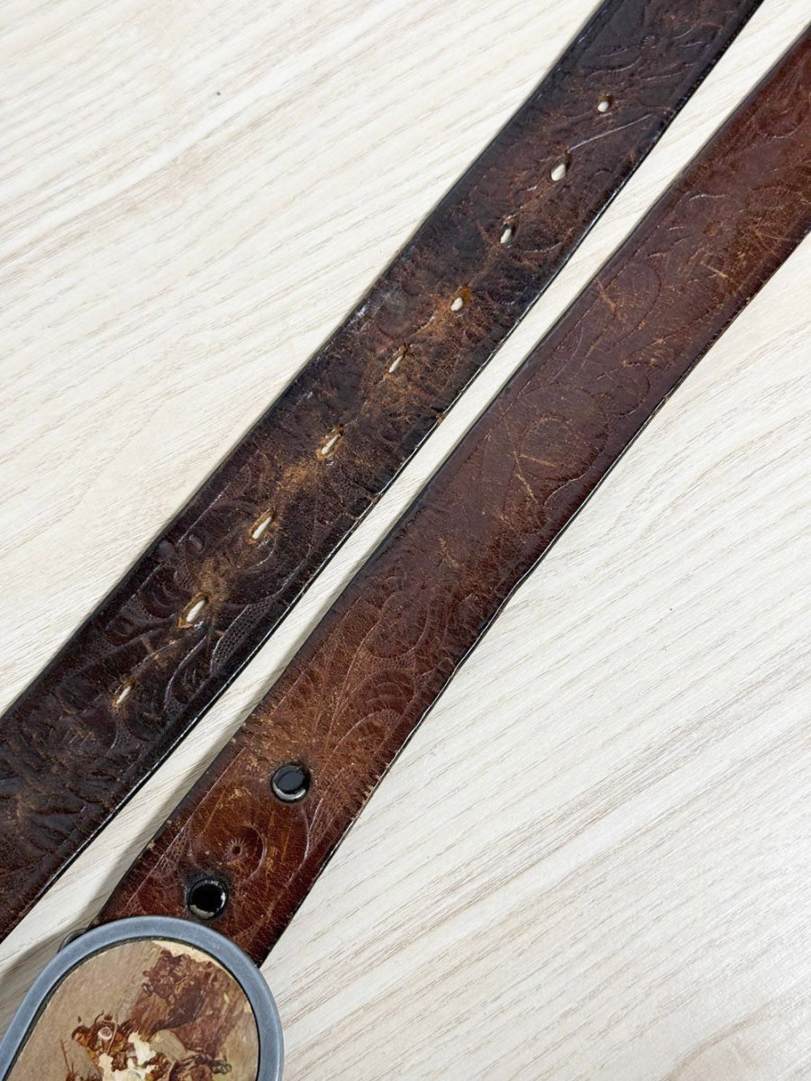 vintage western buckle tooled leather belt - good market thrift store