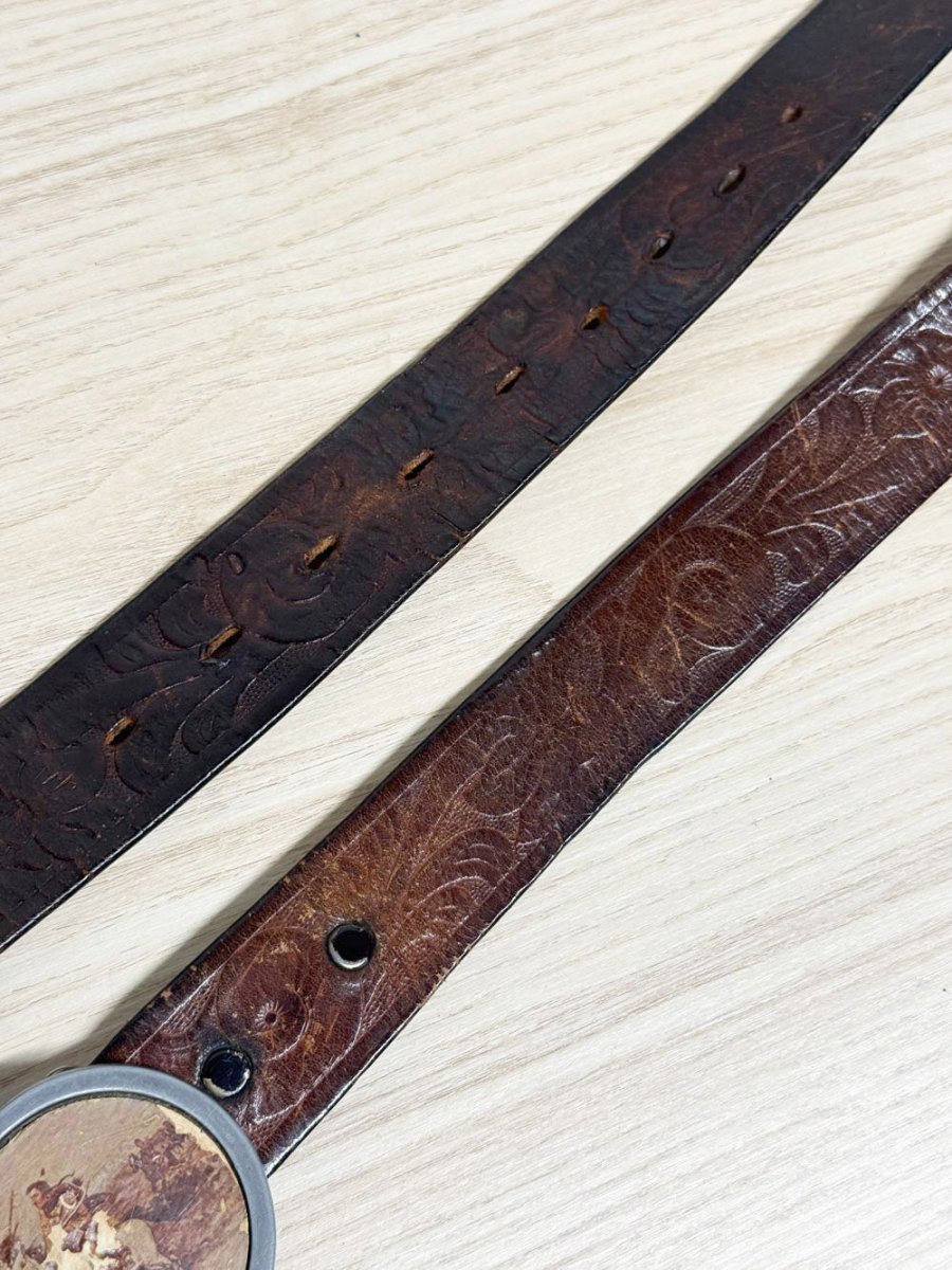 vintage western buckle tooled leather belt - good market thrift store