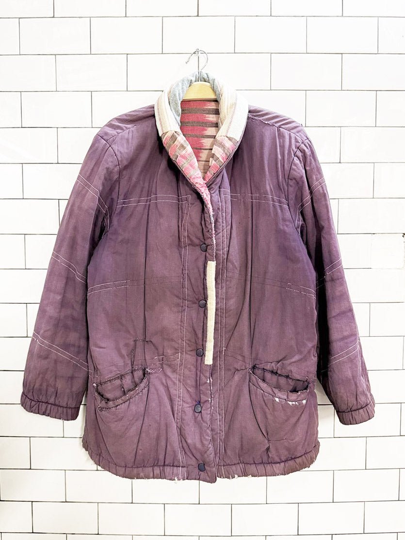 vintage western woven reversible sashiko hand - made snap button jacket - good market thrift store