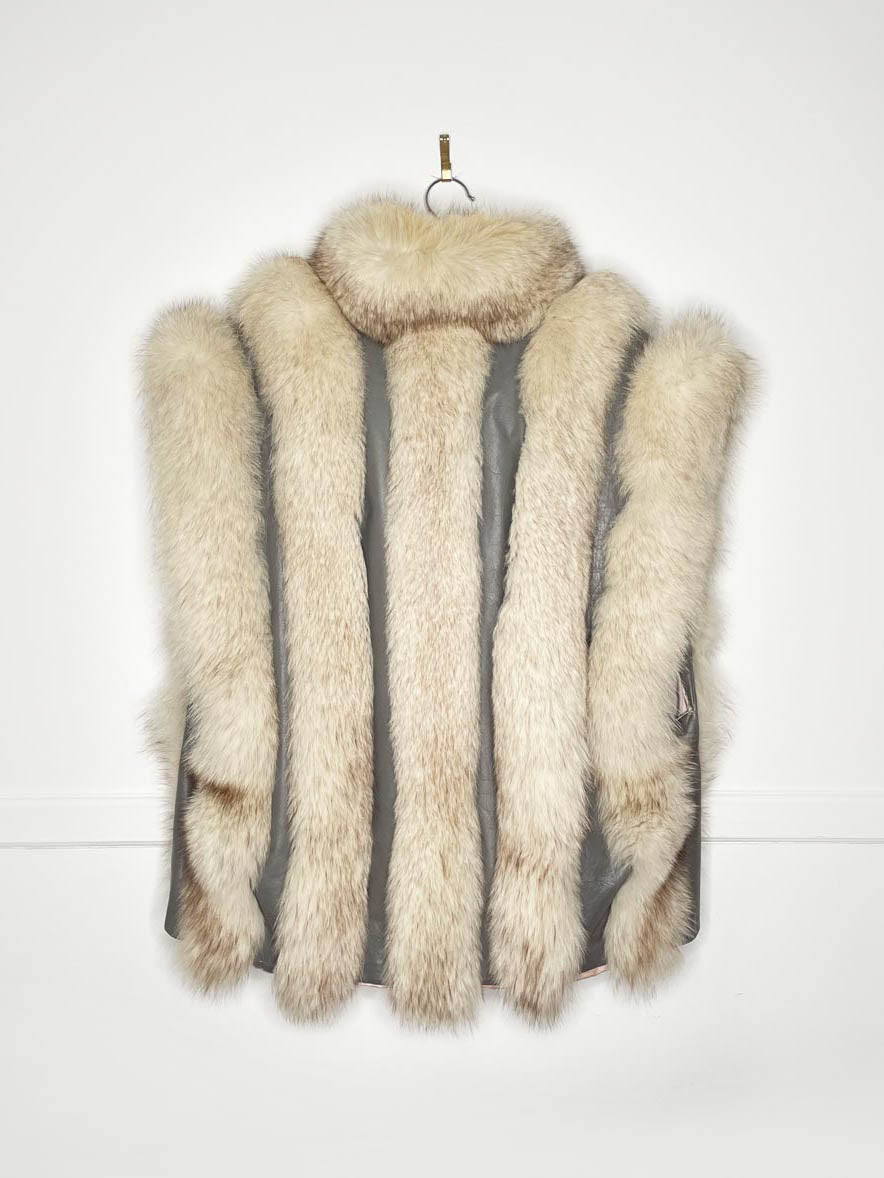 vintage white fox fur + leather convertible vest - jacket - good market thrift store
