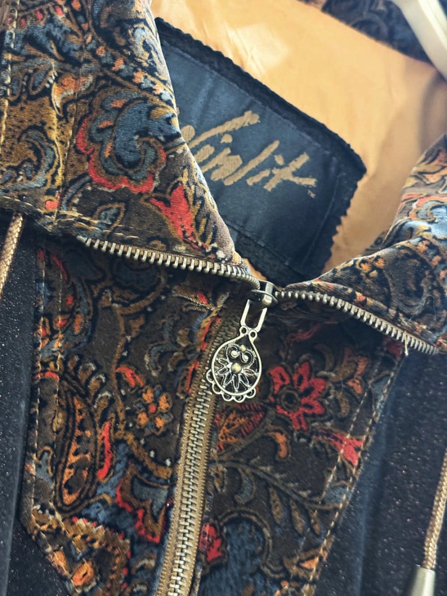 vintage winlit leather + velvet paisley patchwork cinch waist jacket - good market thrift store
