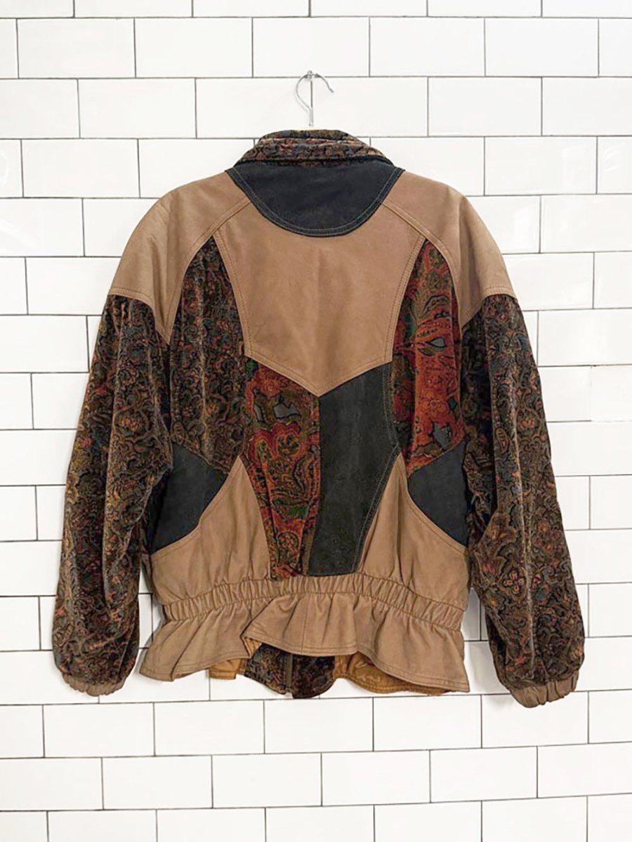 vintage winlit leather + velvet paisley patchwork cinch waist jacket - good market thrift store