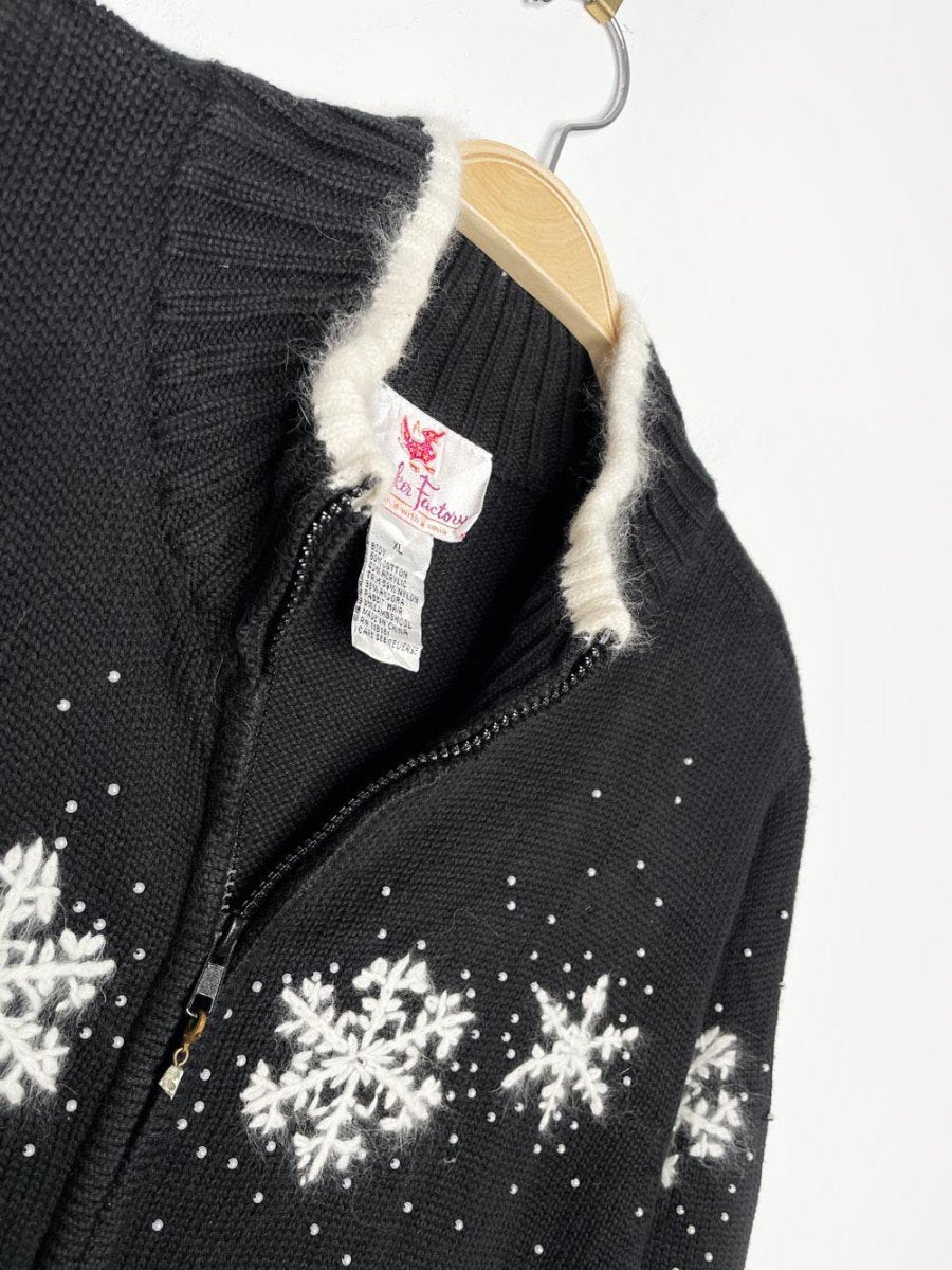 vintage wool - blend angora snowflakes full zip knit cardigan | quacker factory - good market thrift store