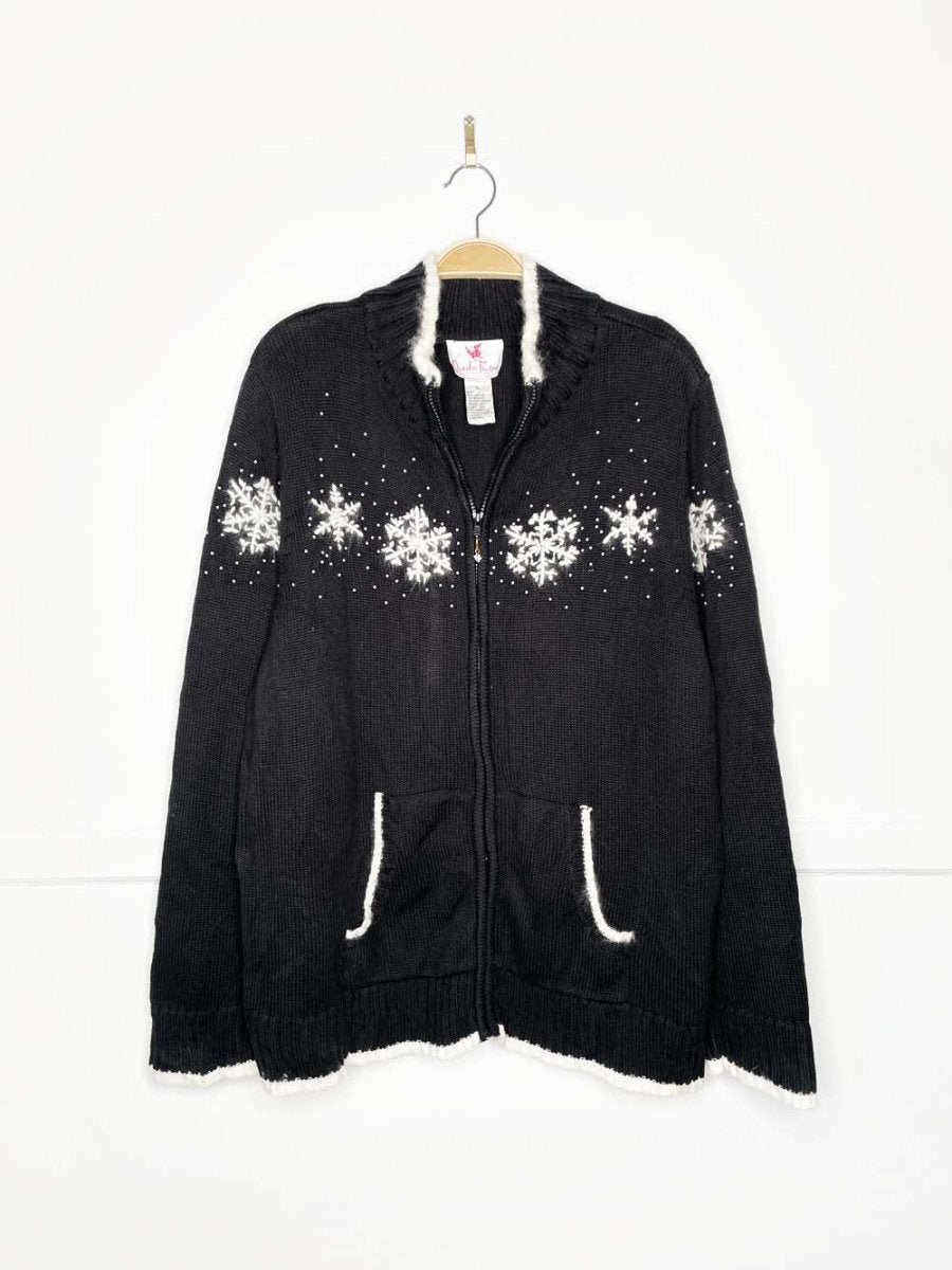 vintage wool - blend angora snowflakes full zip knit cardigan | quacker factory - good market thrift store