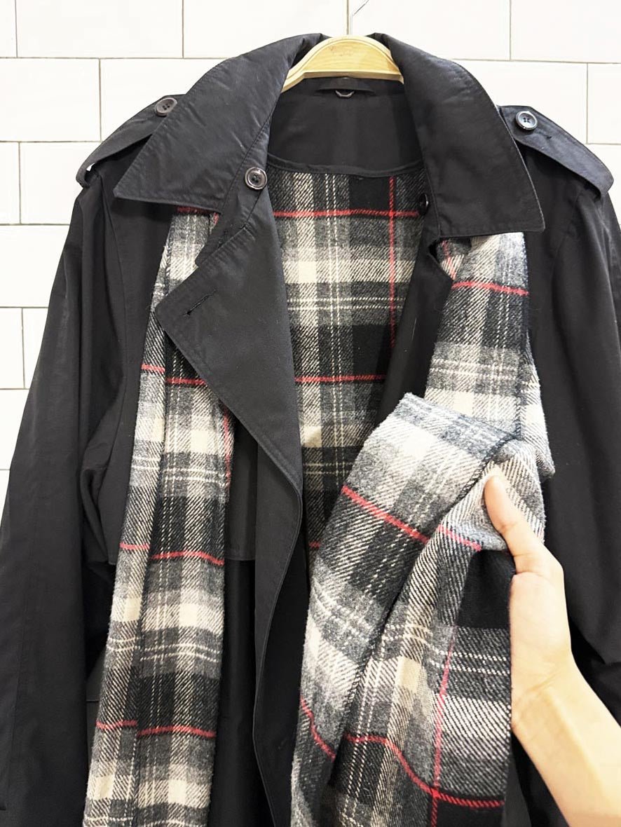 vintage wool - blend lined double breasted trench coat + tartan scarf | collection elegante - good market thrift store
