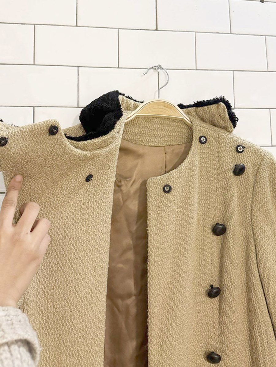 vintage wool tweed fur trim asymmetrical long coat - good market thrift store