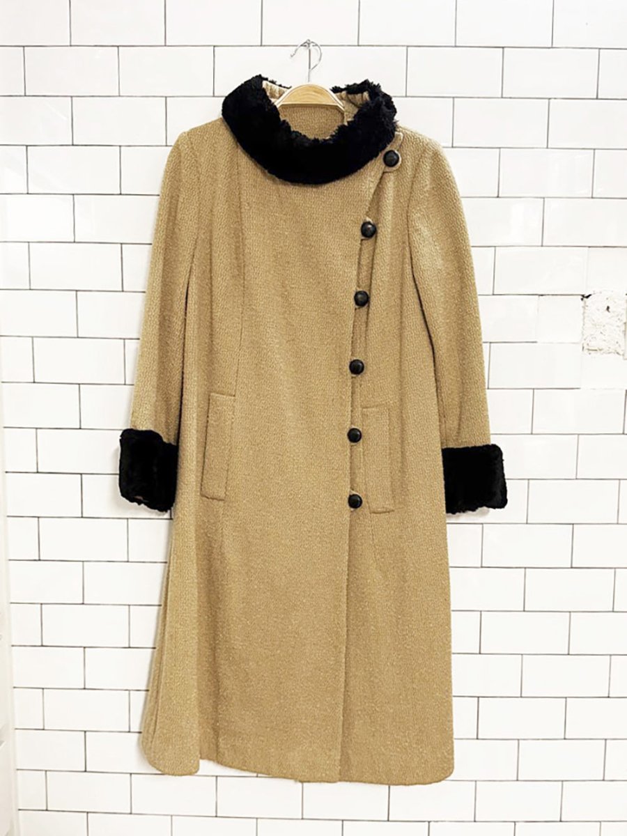 vintage wool tweed fur trim asymmetrical long coat - good market thrift store