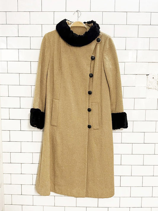 vintage wool tweed fur trim asymmetrical long coat - good market thrift store