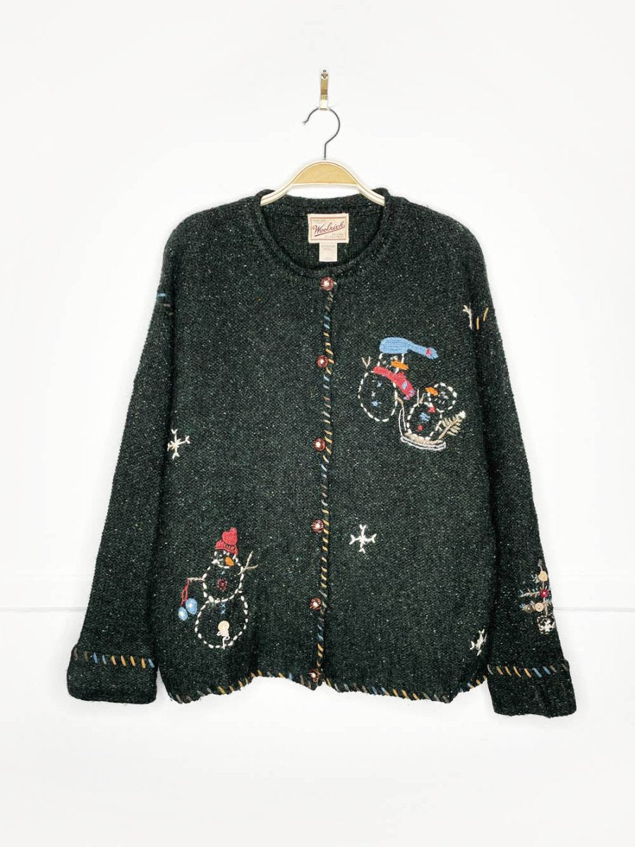 vintage woolrich 100% wool minimal snowmen knit cardigan - good market thrift store