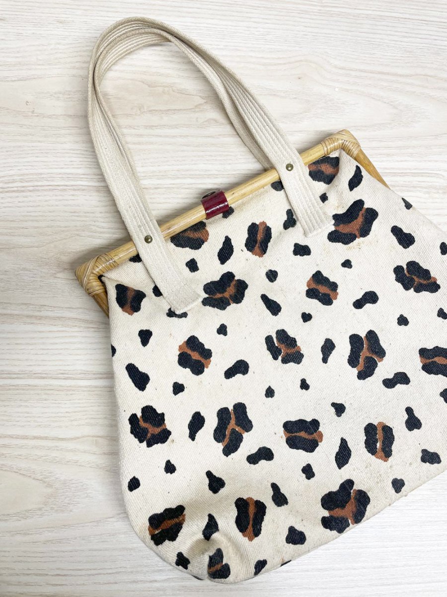 vintage woven animal print bamboo handle handbag | made in India - good market thrift store