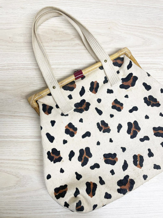 vintage woven animal print bamboo handle handbag | made in India - good market thrift store