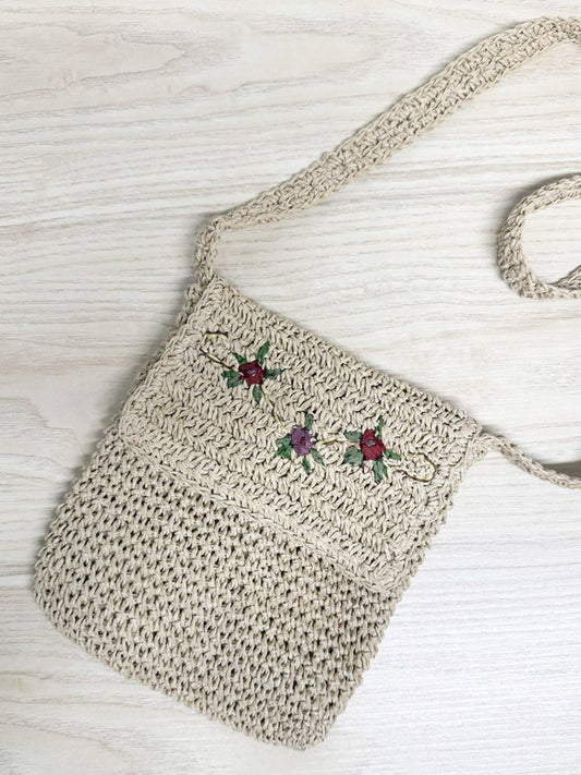 vintage woven flower crochet straw crossbody bag - good market thrift store