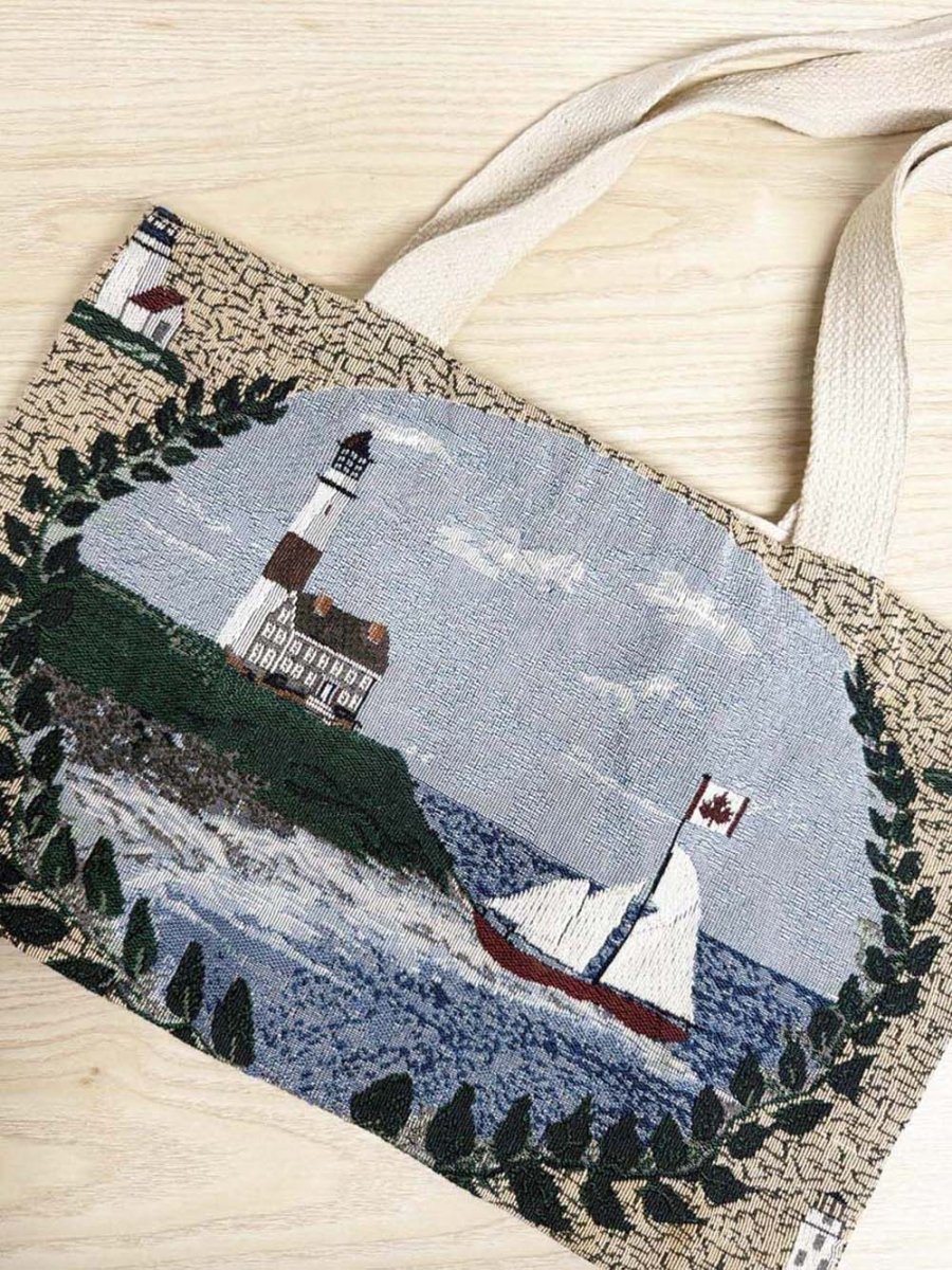 vintage woven lighthouse sail boat tote bag | montana zipper - good market thrift store