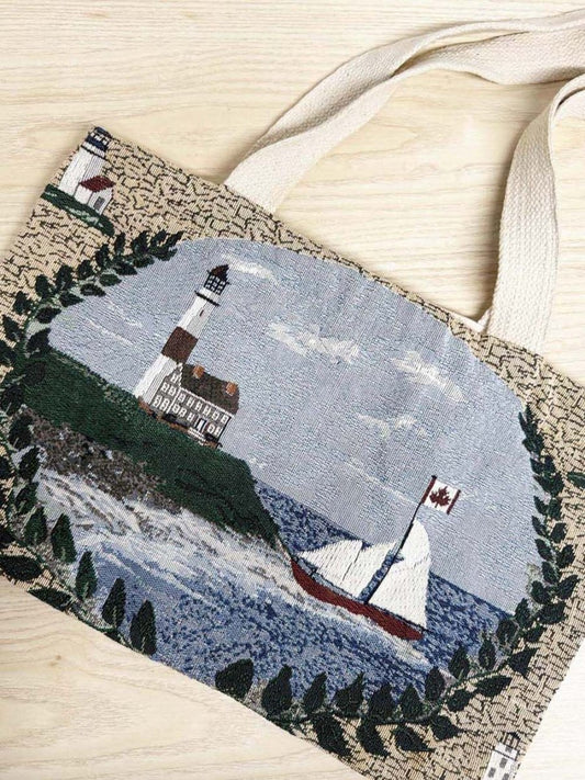 vintage woven lighthouse sail boat tote bag | montana zipper - good market thrift store