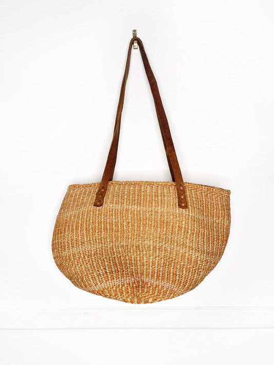 vintage woven sisal market shoulder bag | leather strap - good market thrift store