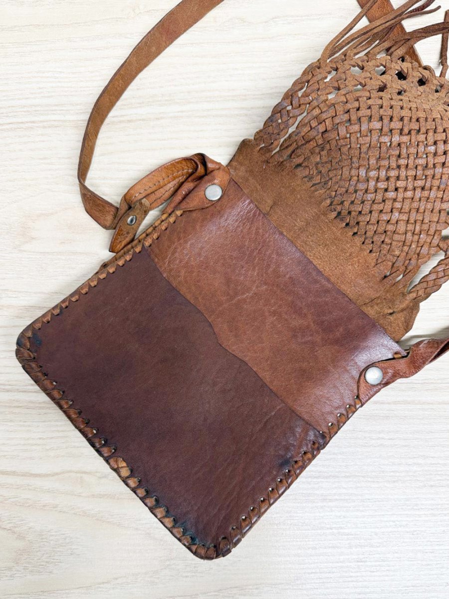 vintage woven tassel leather crossbody bag - good market thrift store