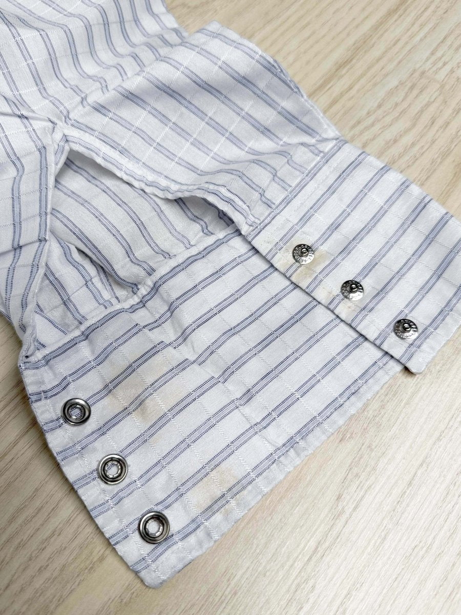 vintage wrangler western blue stripe full snap-button shirt - good market thrift store