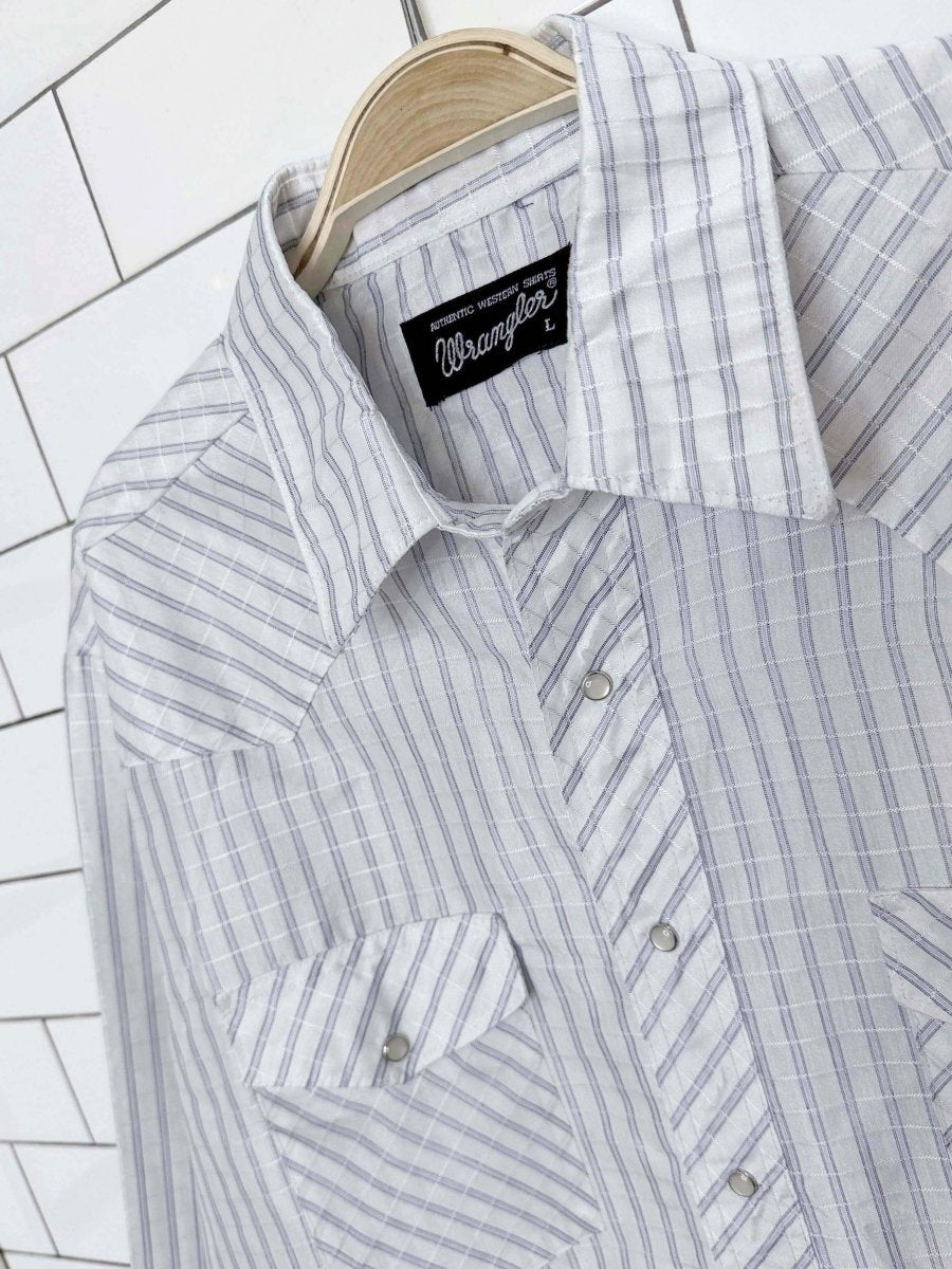 vintage wrangler western blue stripe full snap-button shirt - good market thrift store