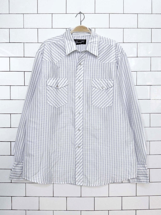 vintage wrangler western blue stripe full snap-button shirt - good market thrift store