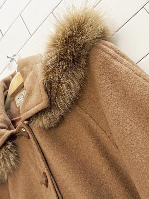 vintage zacks wool fox fur hood long box pleat coat - good market thrift store